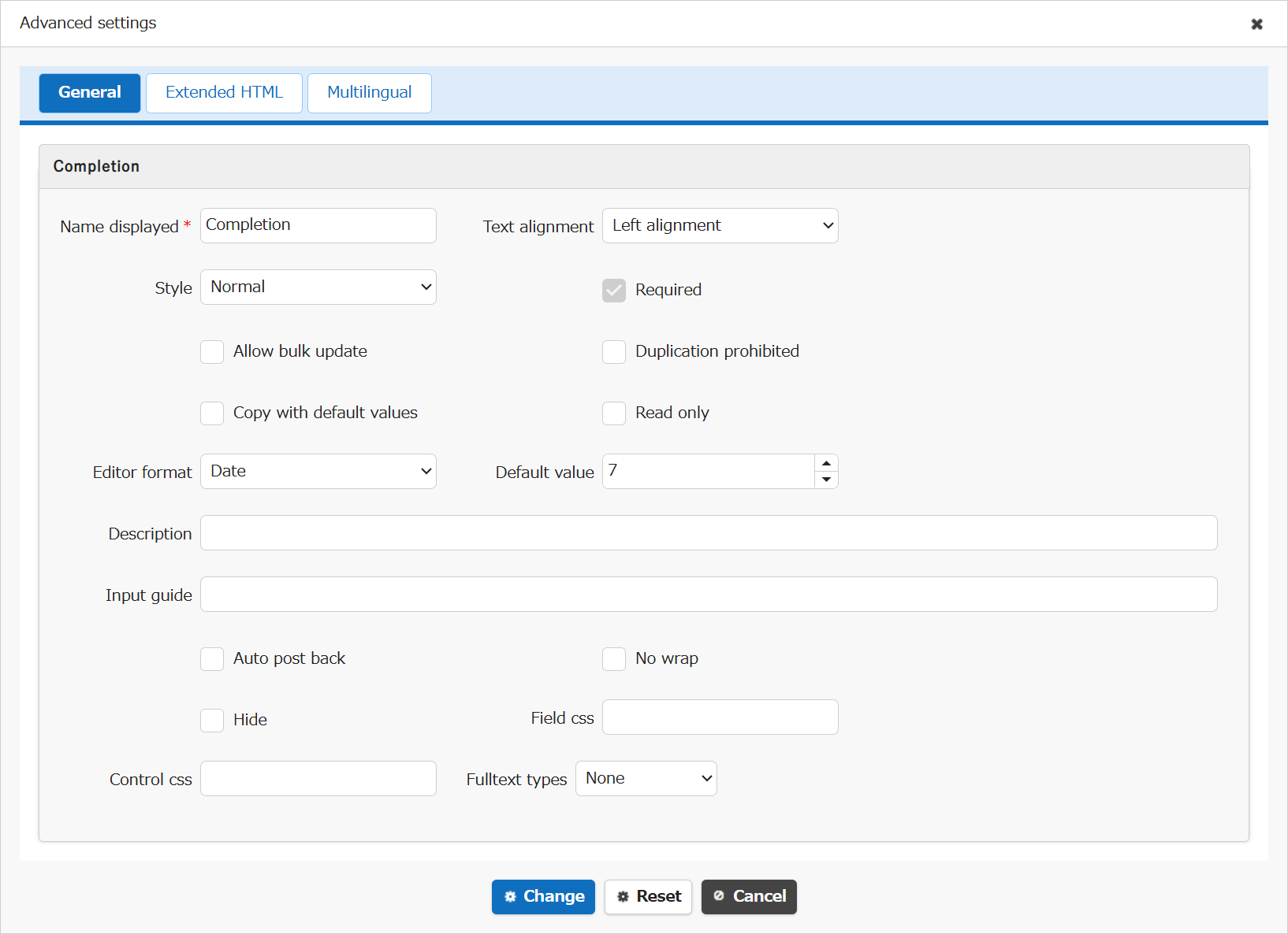 Advanced settings screen for the Completion column