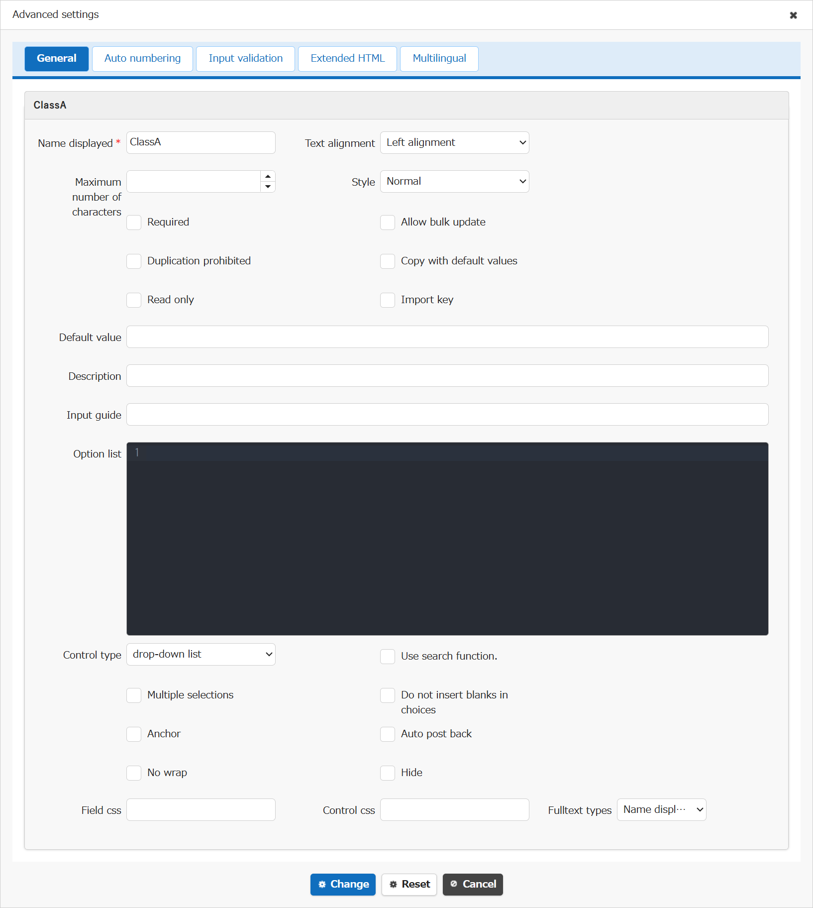 Advanced settings screen for the Class column