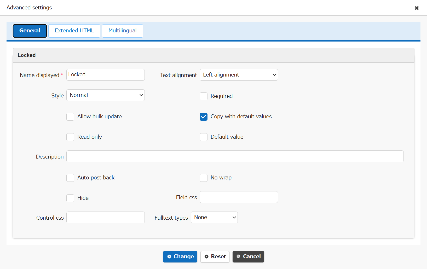 Advanced settings screen for the Locked column