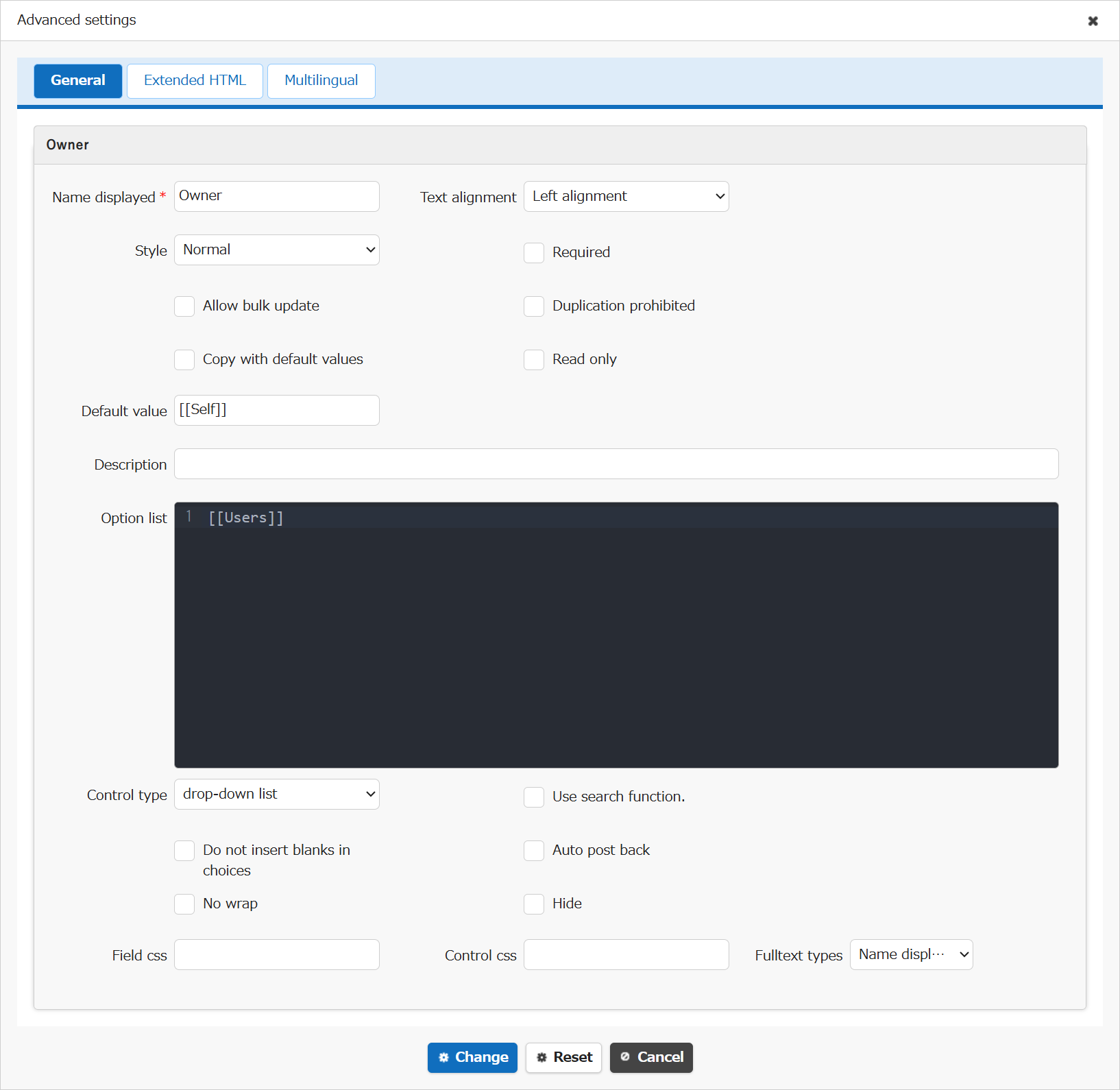 Advanced settings screen for the Owner column