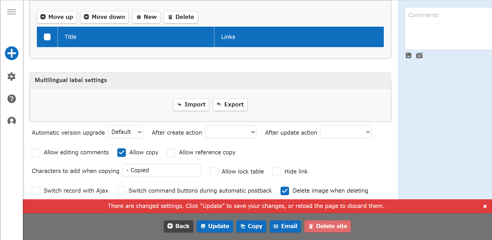 Alert shown when importing or exporting before clicking Update