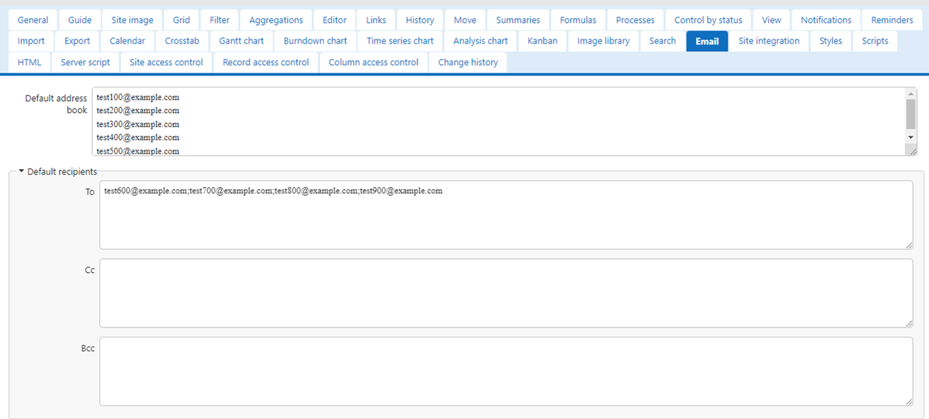 Email tab of the Manage Table screen