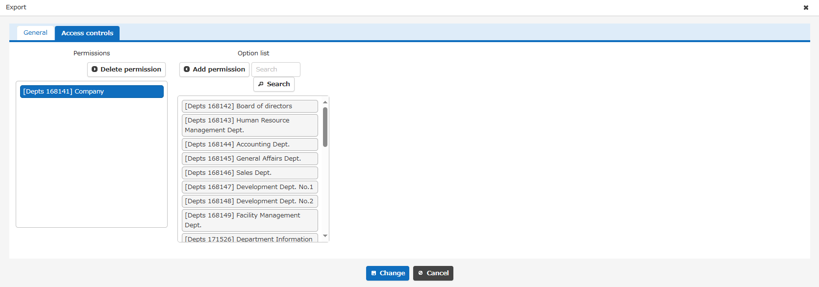 Access Control tab of the export format settings
