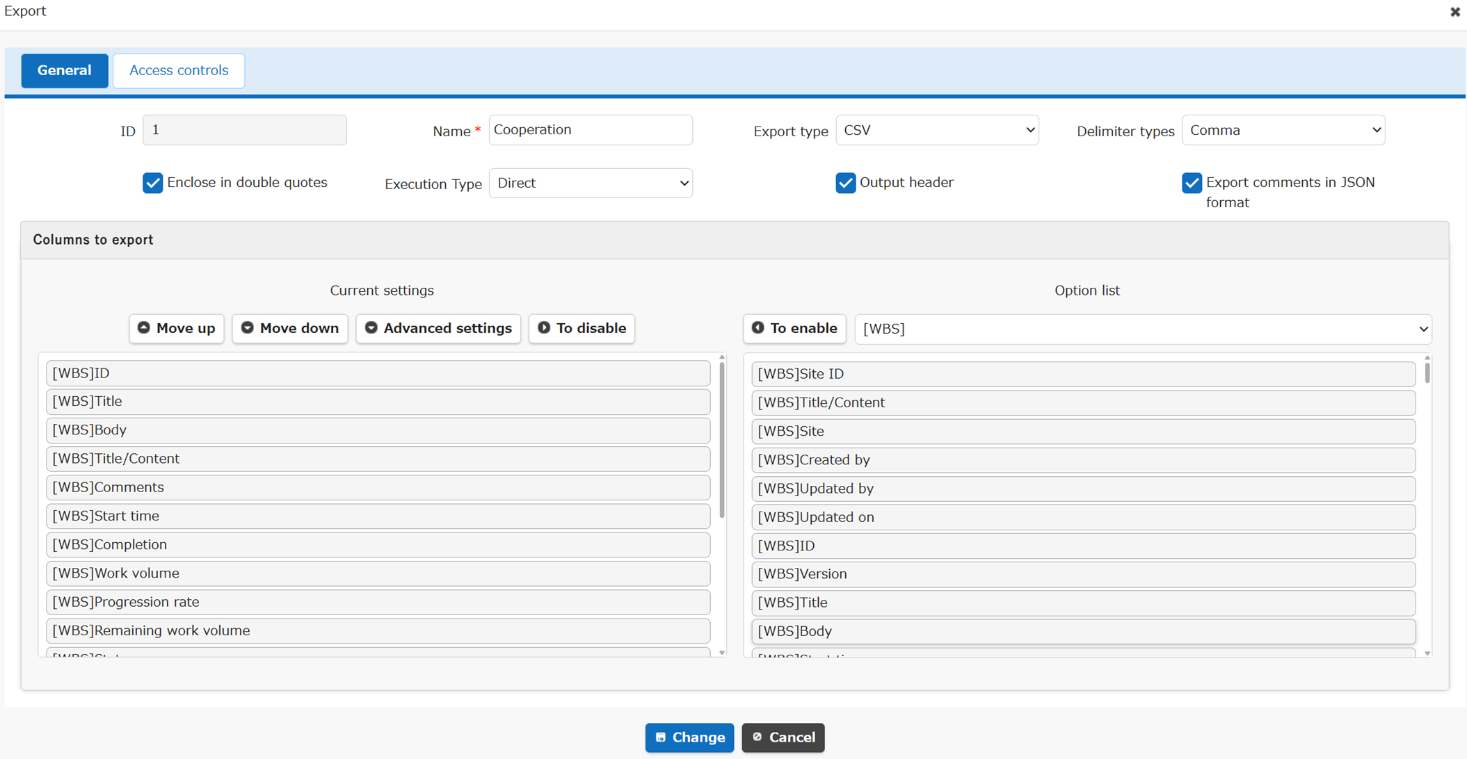Export template settings screen