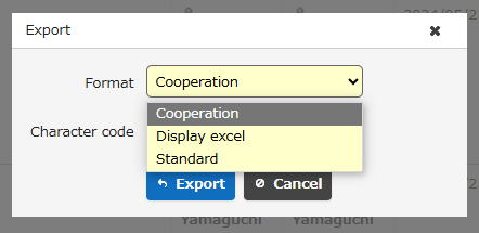 Export dialog opened from the index screen