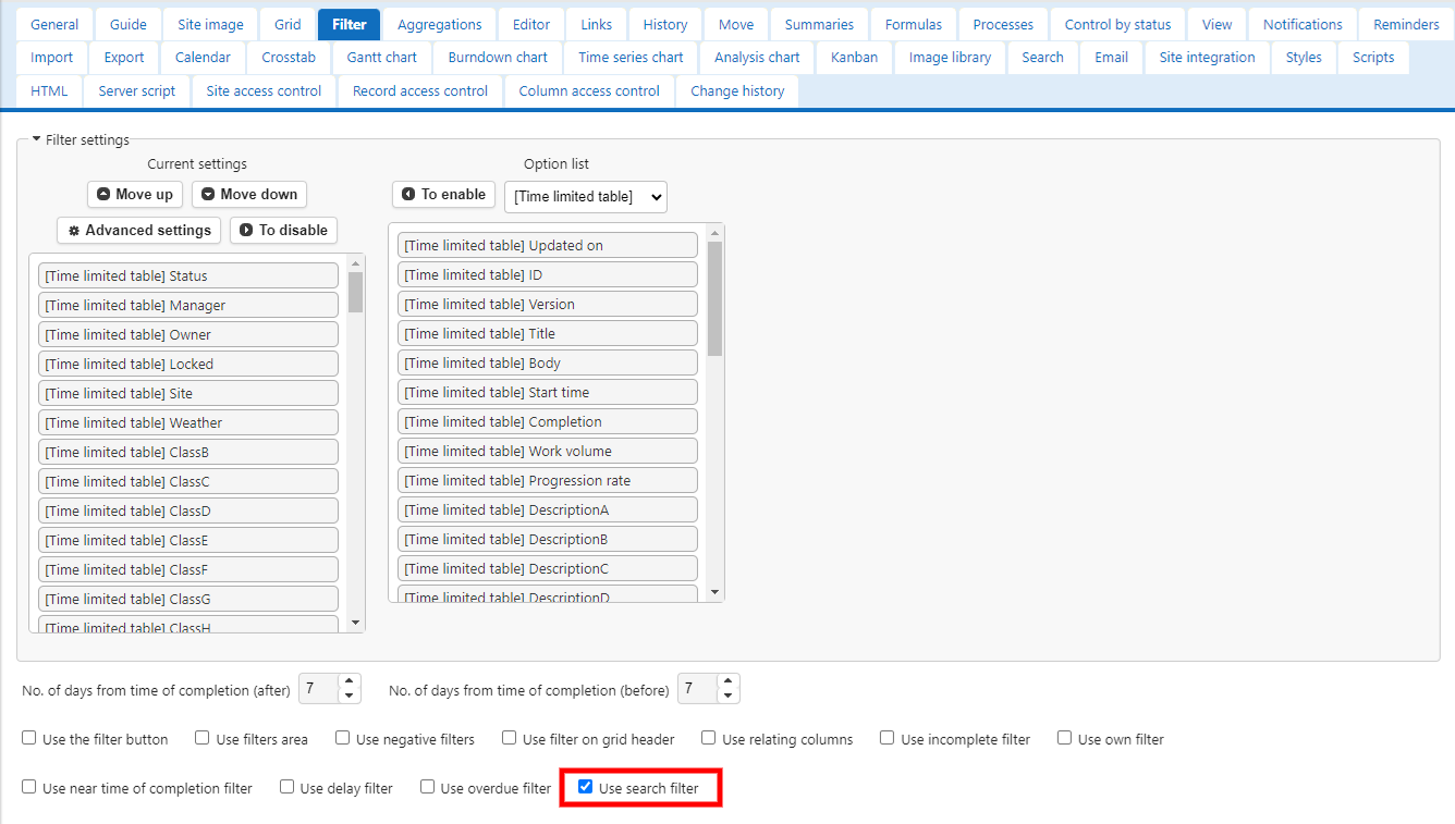 Use Search Filter checkbox on the Filter tab of Manage Table