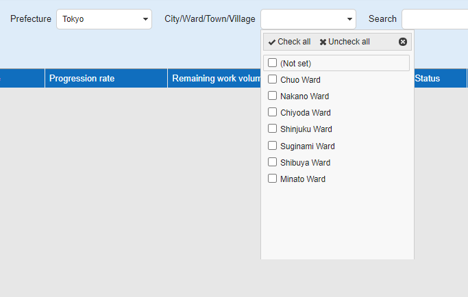 Screen Index filter with Prefecture selected
