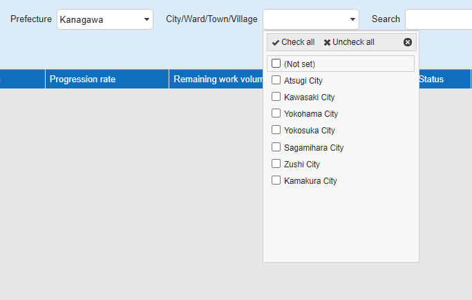 City/Ward/Town/Village filter narrowed down by the selected prefecture