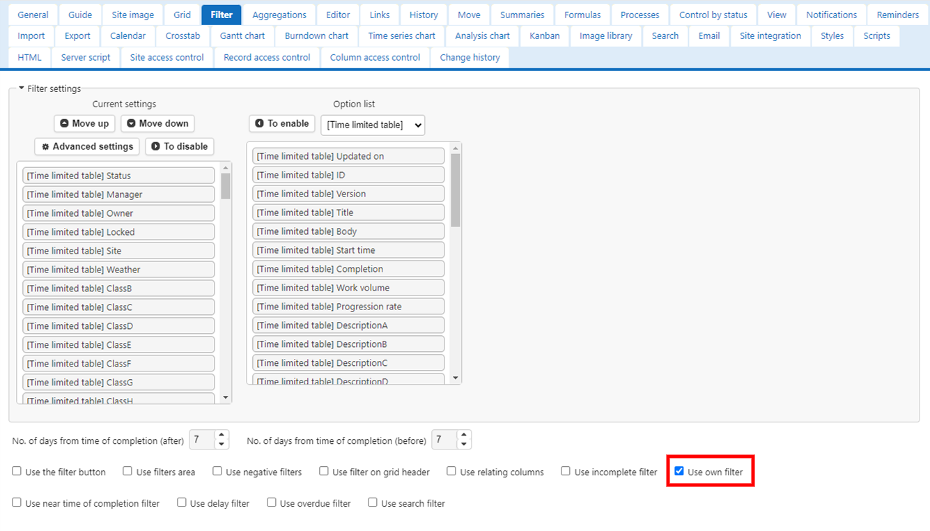 Use Own Filter checkbox on the Filter tab of Manage Table
