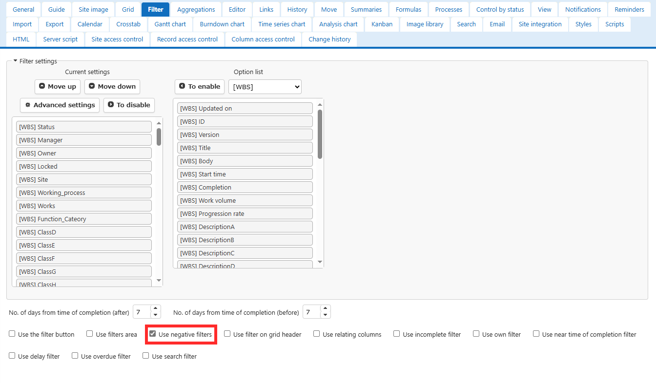 Use Negative Filters checkbox on the Filter tab of Manage Table