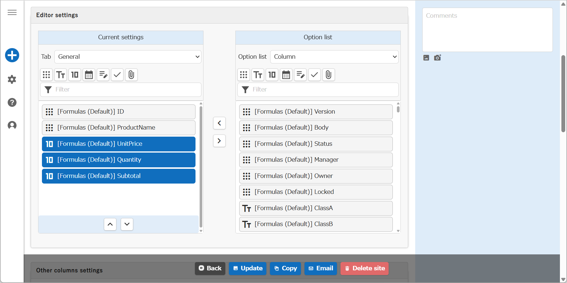 The "Editor" tab with three numeric value items enabled and renamed
