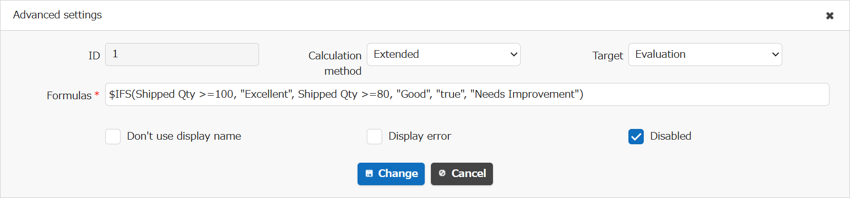 The "Disabled" setting of a created formula