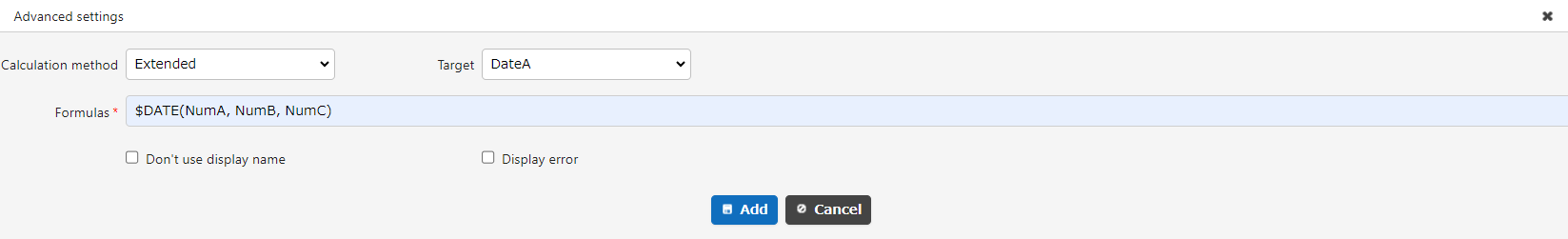 The formula that causes the error, with NumA, NumB and NumC entered