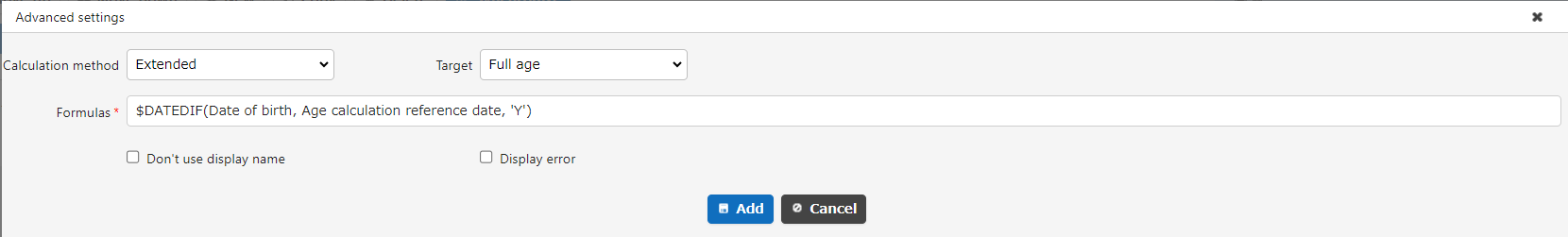 Formula settings with "Full Age" as the target and a $DATEDIF formula