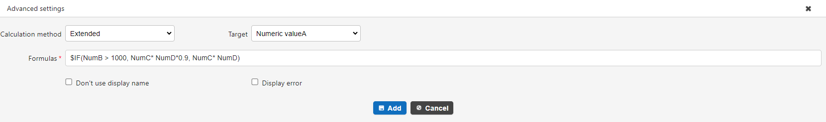Setting example of a formula that uses a JavaScript comparison operator