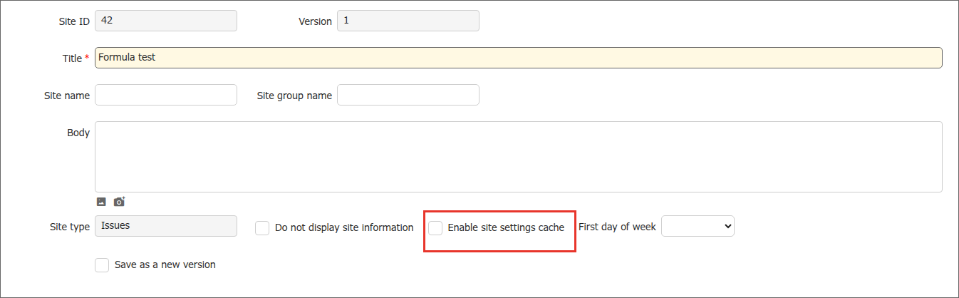 The "Enable site settings cache" check box on the "General" tab