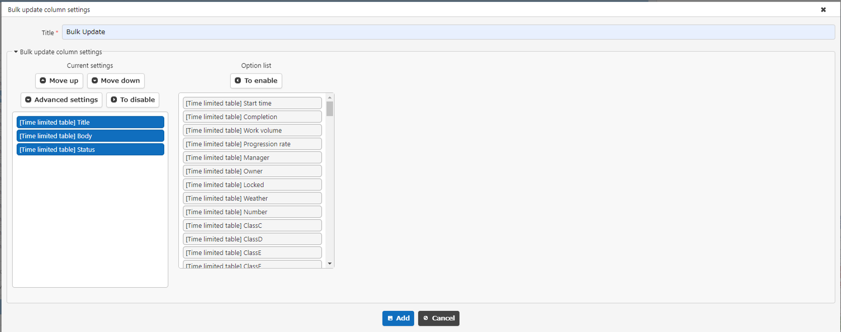 Bulk update settings dialog for enabling the columns to update
