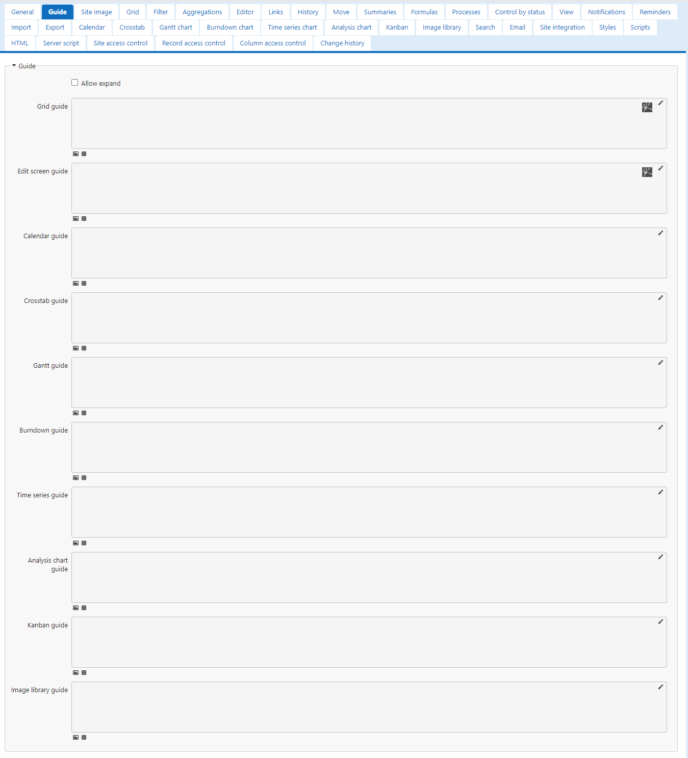 Guide tab of the Manage Table screen