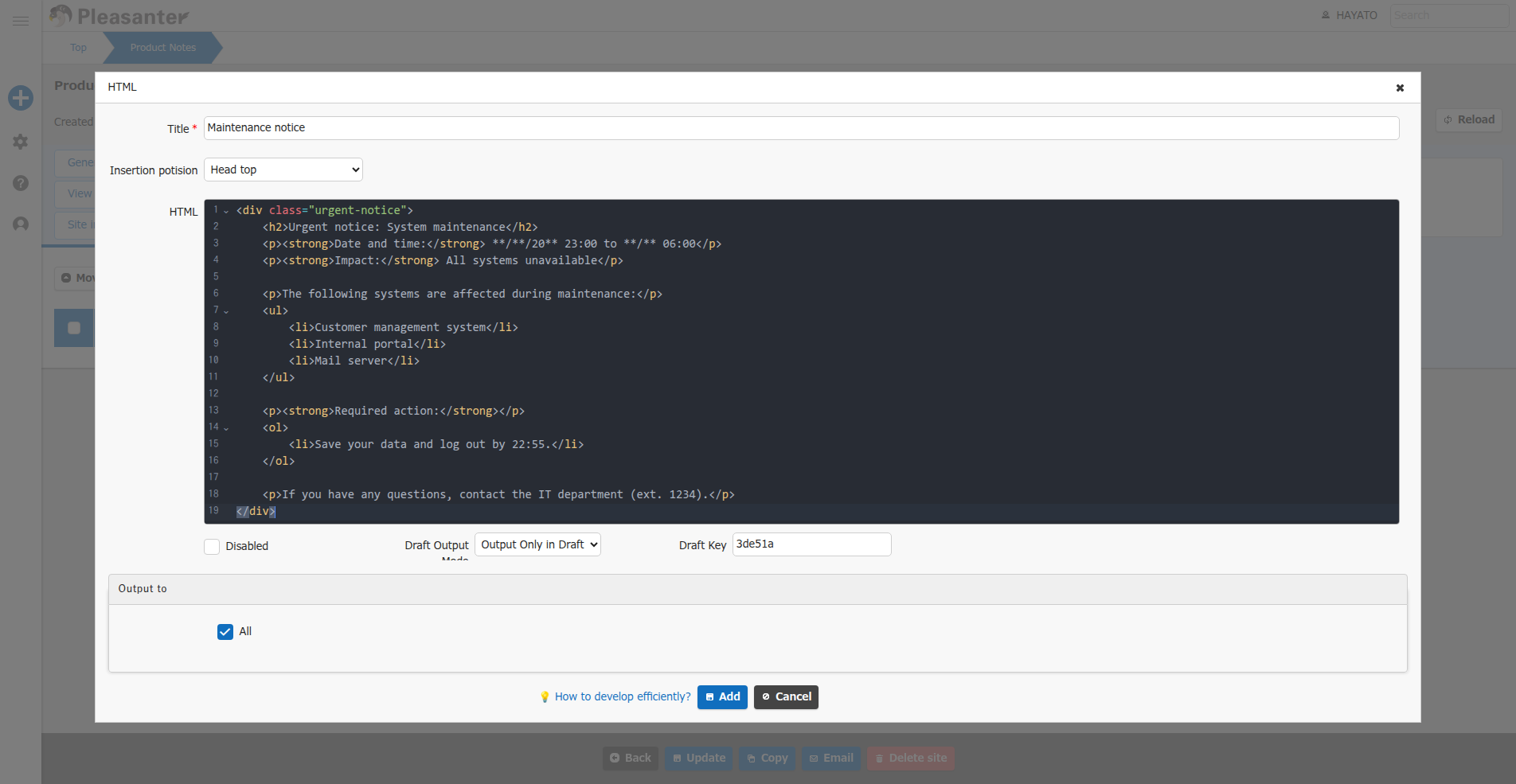 Editing HTML in the code editor. Line numbers are displayed and tags are color-coded