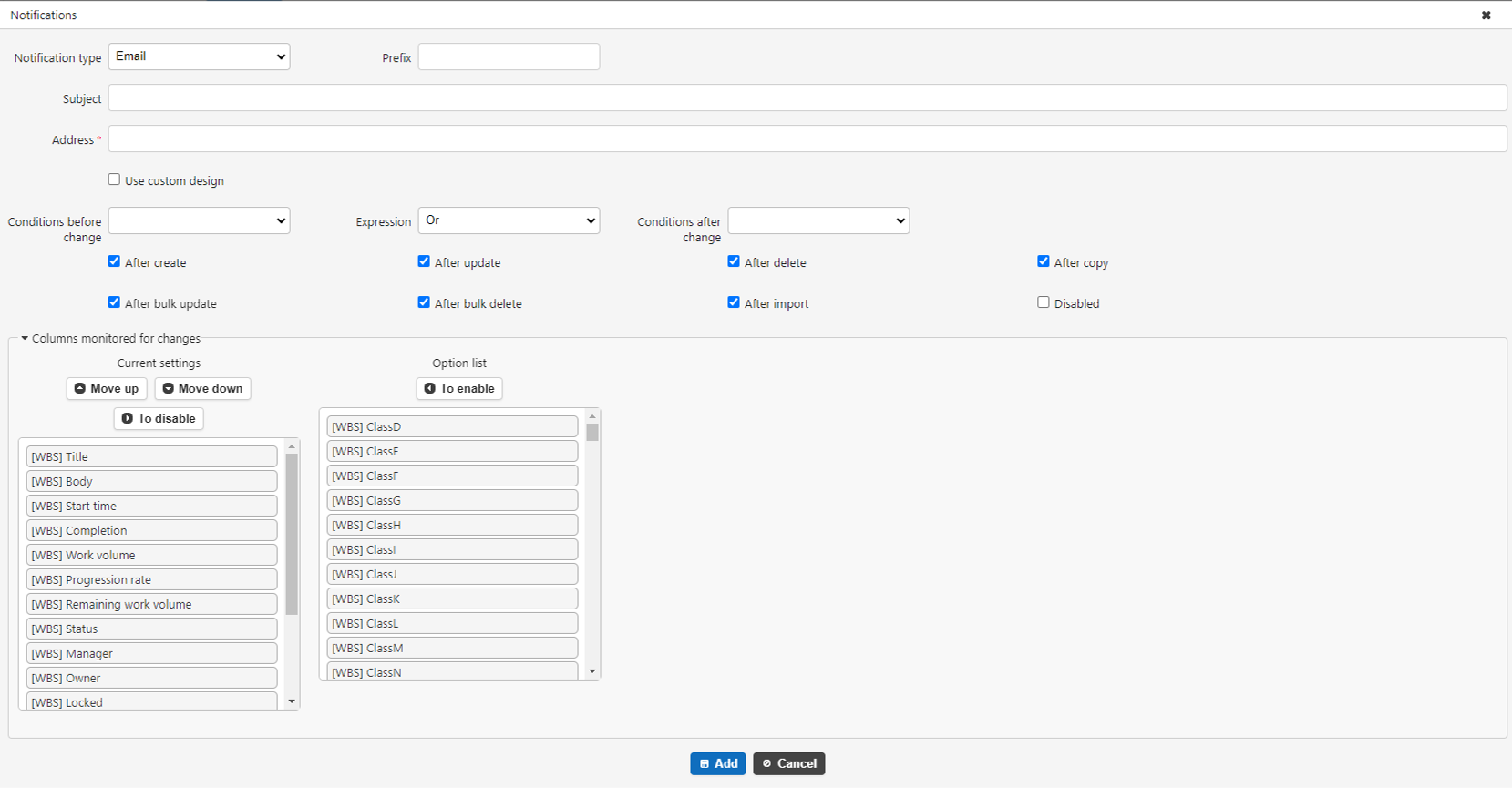 Notification tab of the Manage Table screen