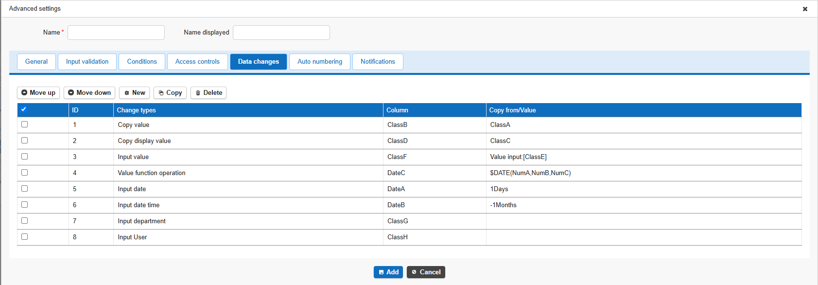 The Data Changes tab of a process, used to configure what changes when the button is clicked