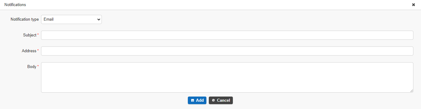 The notification settings screen of a process, used to configure the notification type, subject, address, and other settings