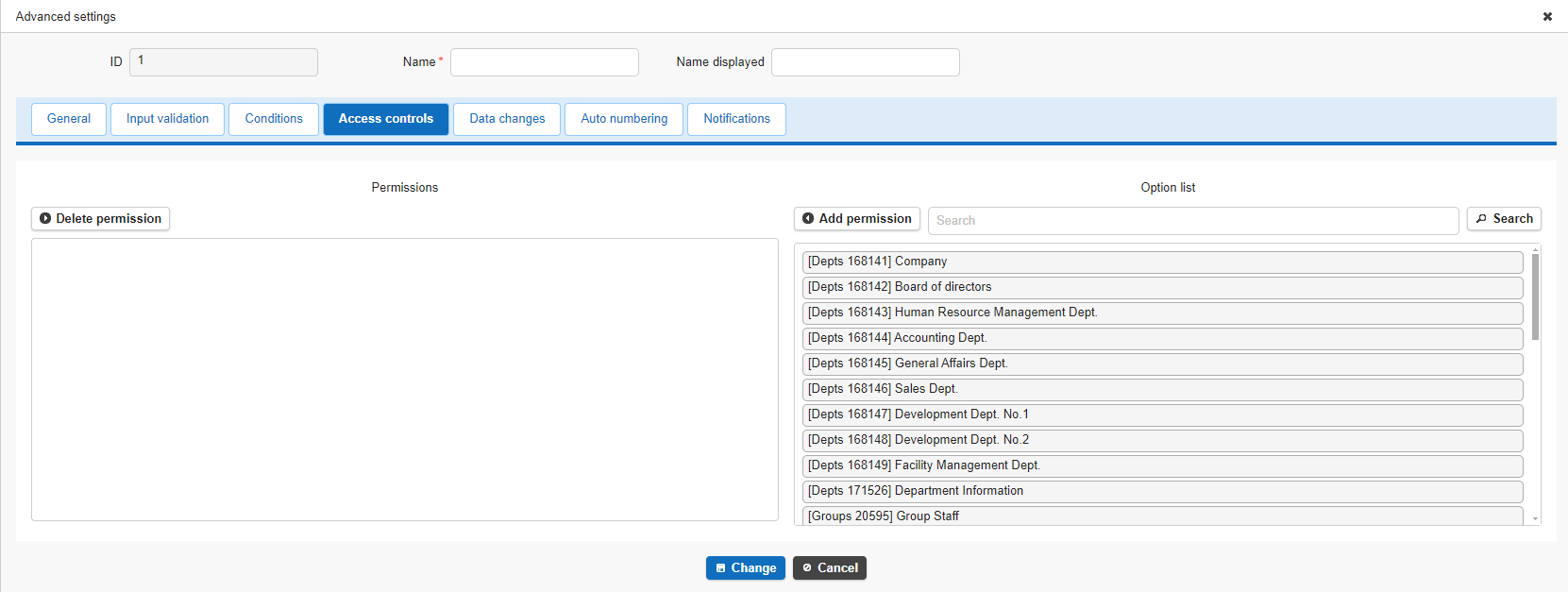 The Access Controls tab of a process, used to specify who can see the button