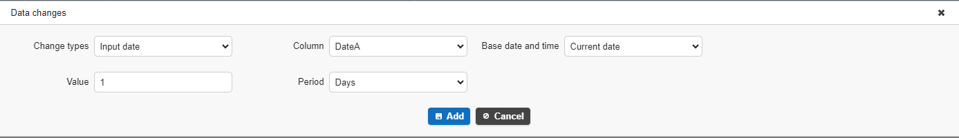 Configuration example for the "Enter Date" change type. Sets Date A to one day after the execution date