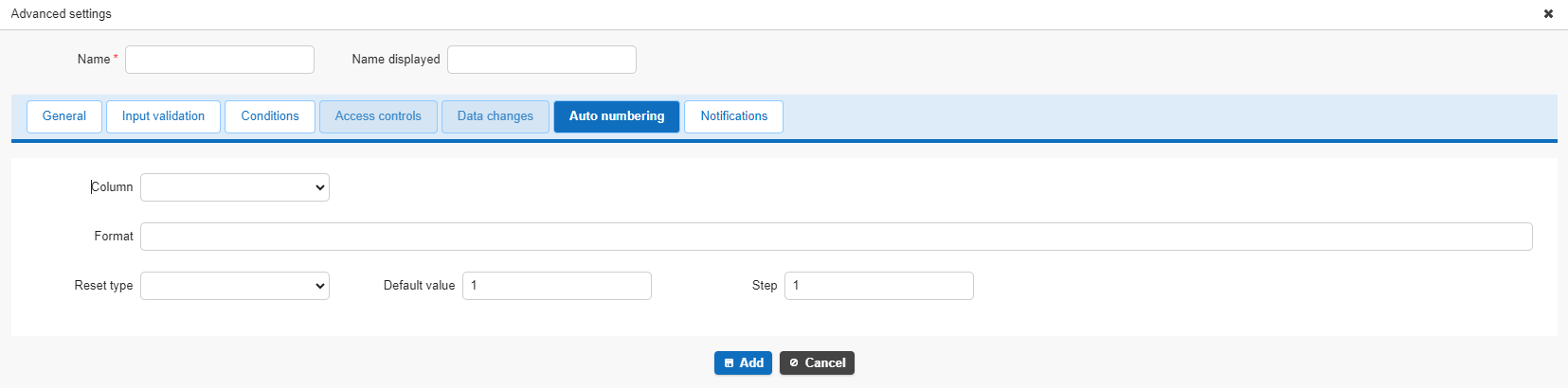 The Auto Numbering settings screen of a process, used to configure the field, format, reset type, and other settings