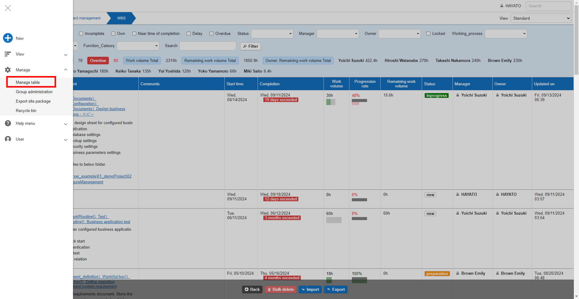 Selecting "Table Management" from "Manage" in the navigation menu