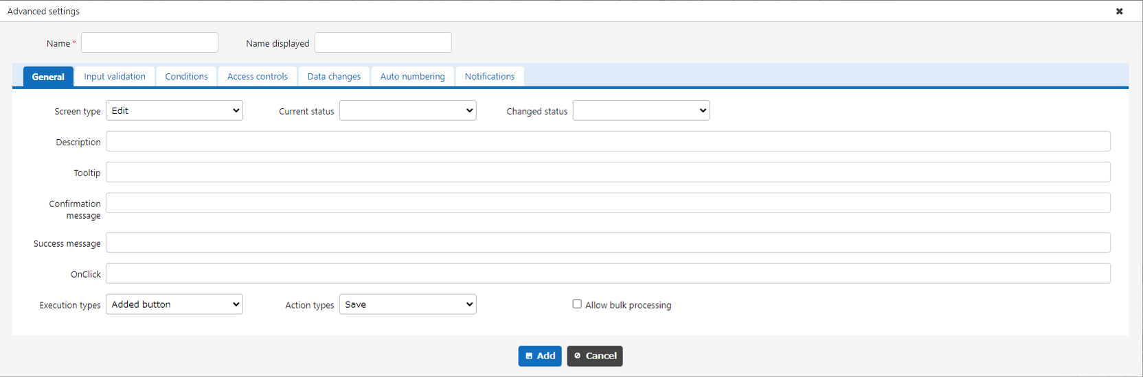 Process management settings screen, showing tabs such as General and Input Validation