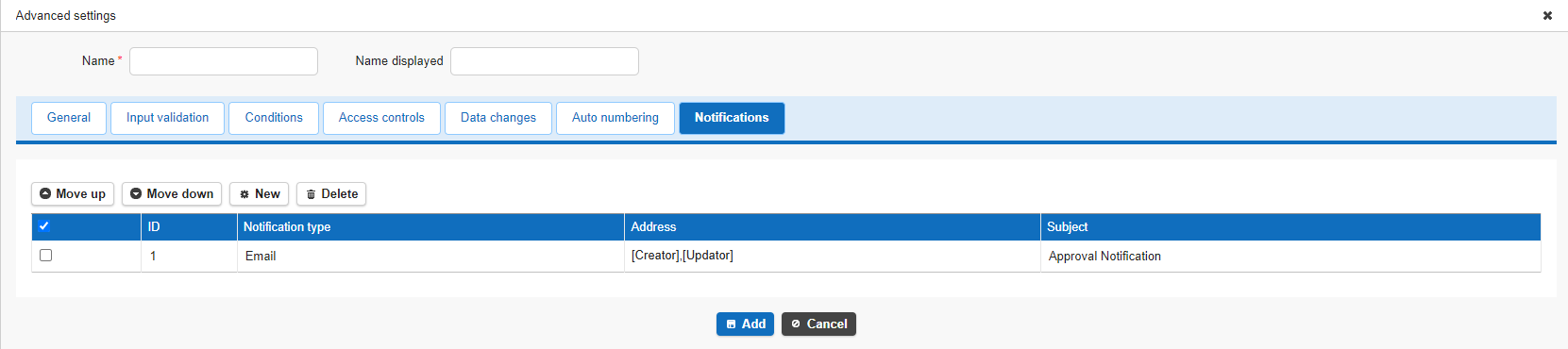 The Notifications tab of a process, listing the configured notifications