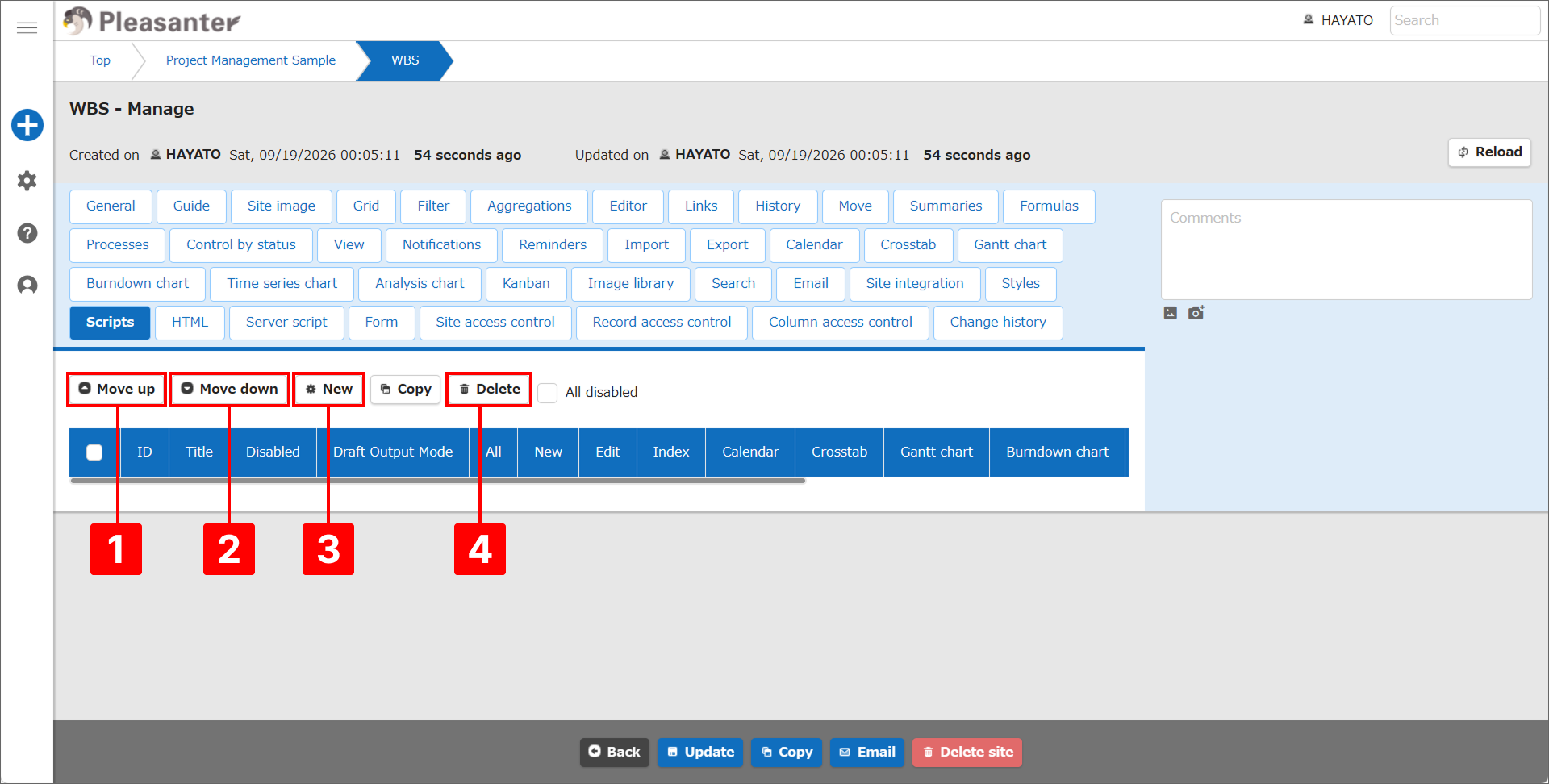 Scripts tab of Table Management