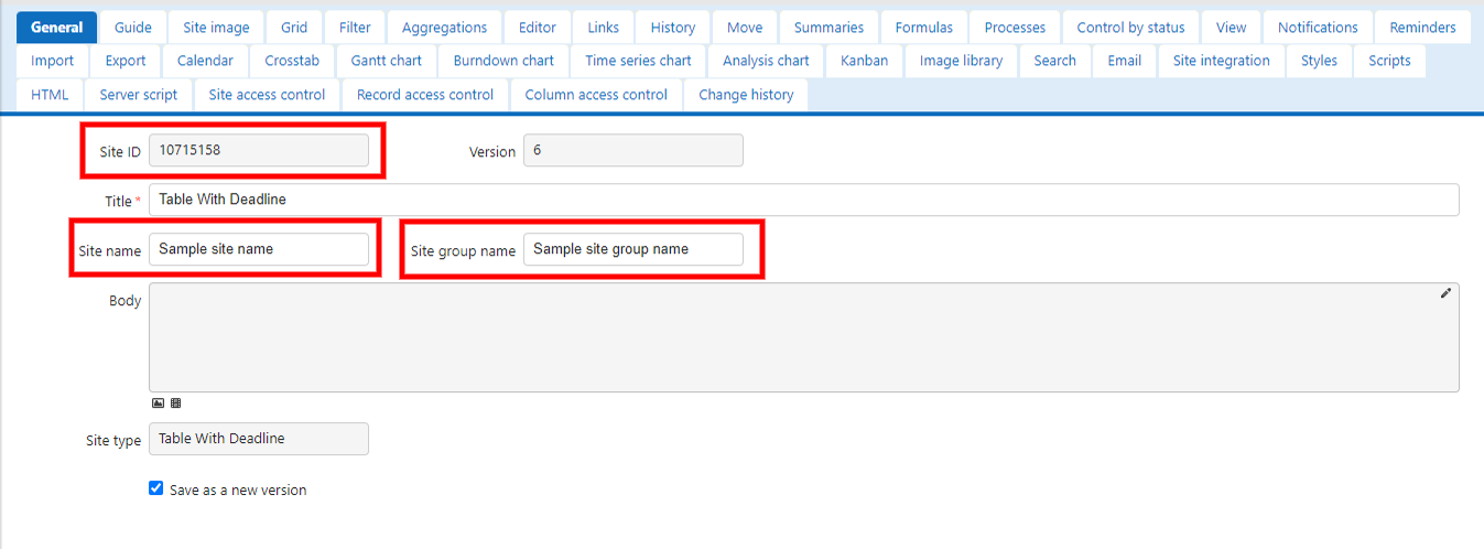 General tab of the Manage Table screen showing the Site ID and Site name