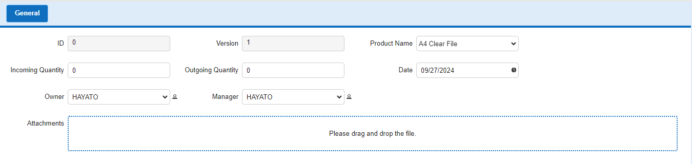 Shipping and Receiving Management record registered with an outgoing quantity