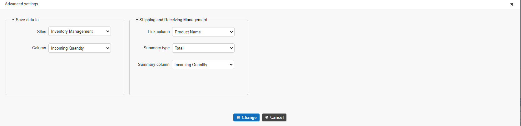 Summary settings dialog of the Shipping and Receiving Management table