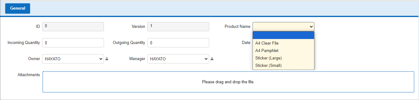 New record screen of the Shipping and Receiving Management table, with the linked product name