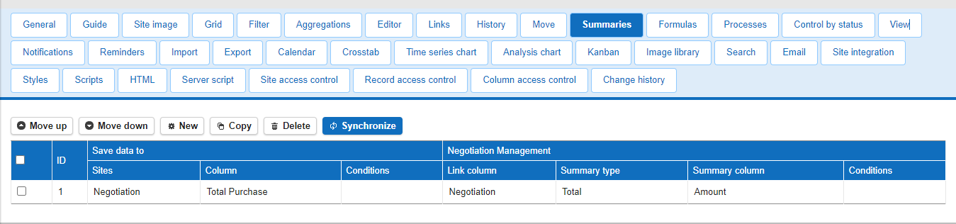 Summary settings dialog, for choosing the summary type and the columns to aggregate
