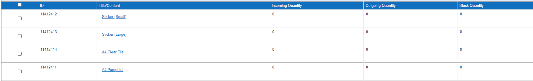 Inventory Management record with the product name registered and the quantities left at zero