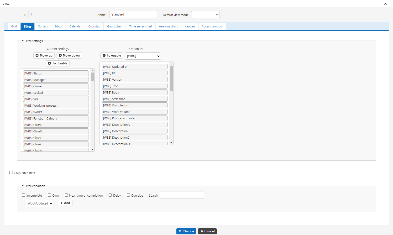 Filters tab of the view advanced settings, where columns are enabled as filters