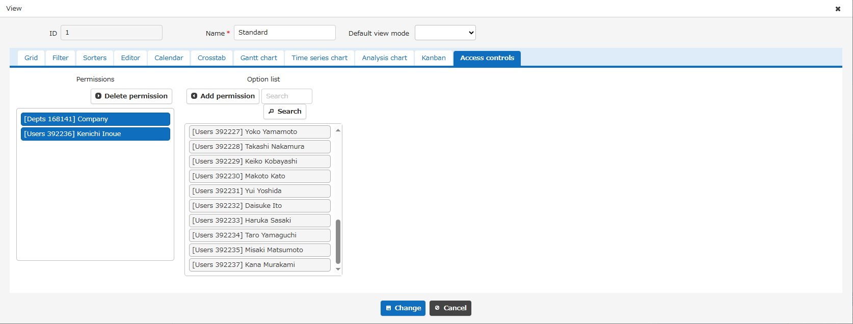Access Control tab of the view advanced settings, for adding users, groups or departments