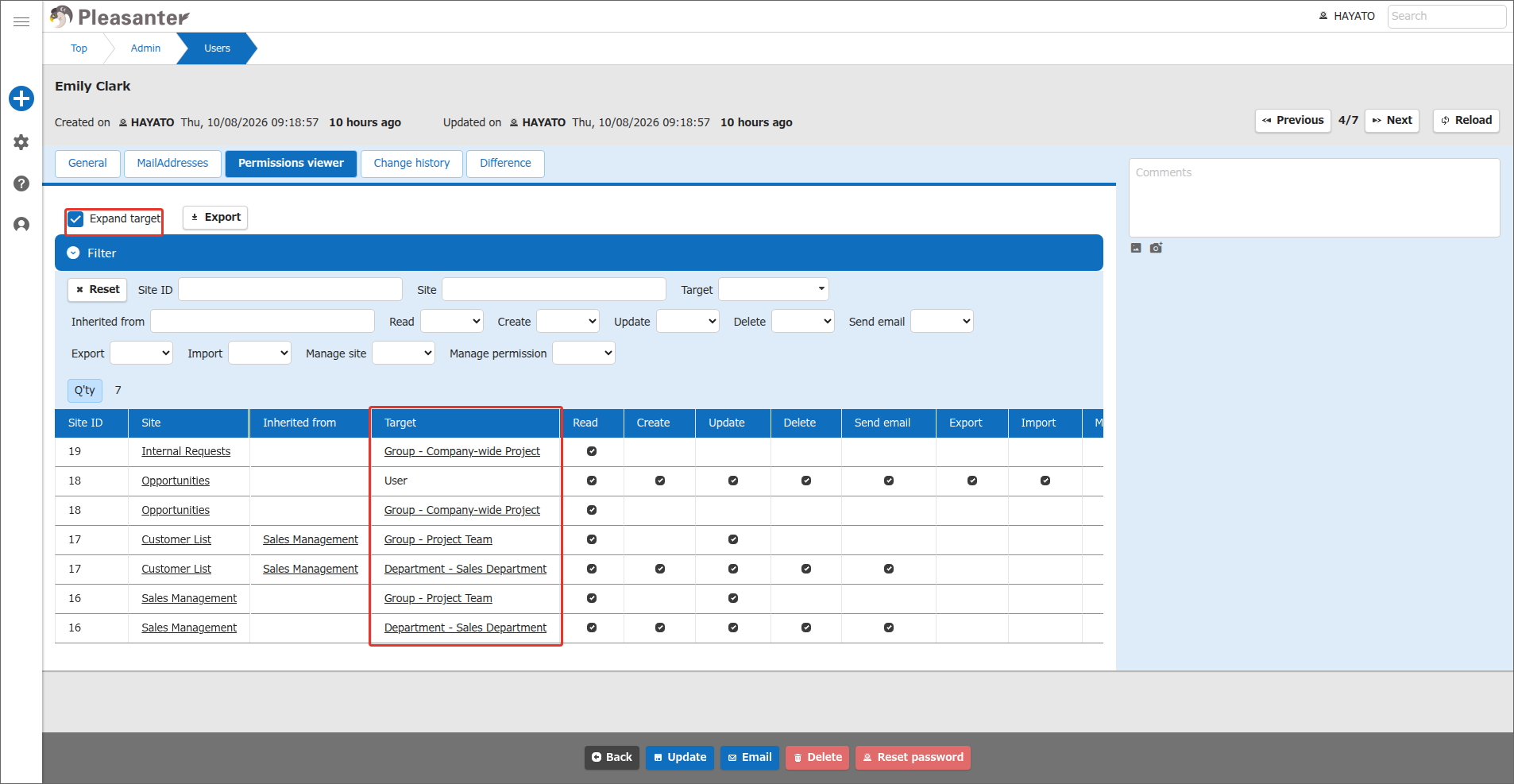 The list with "Expand target" turned on. The "Target" column shows the source of each permission