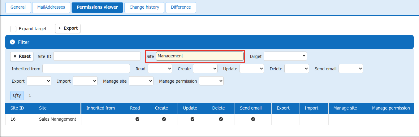The list with "Management" entered in "Site" of the "Filter" area, showing only the rows whose site name contains "Management"
