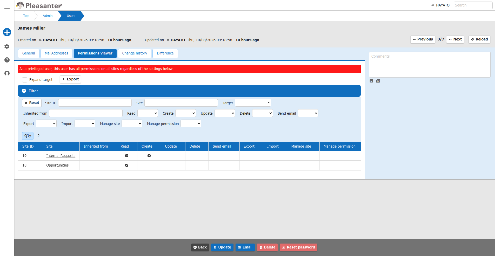 The privileged user notice shown above the list