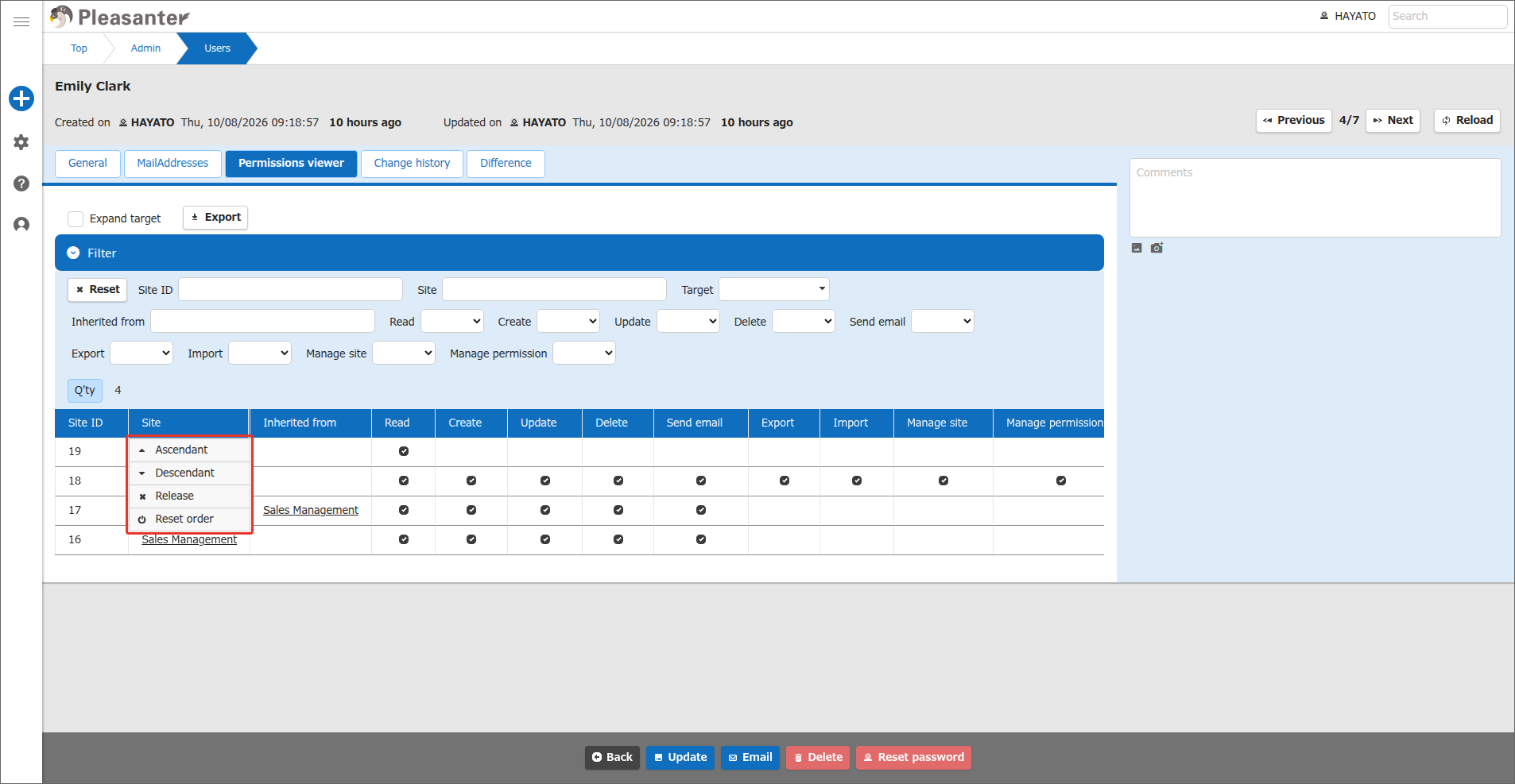 The sort menu shown on a column header
