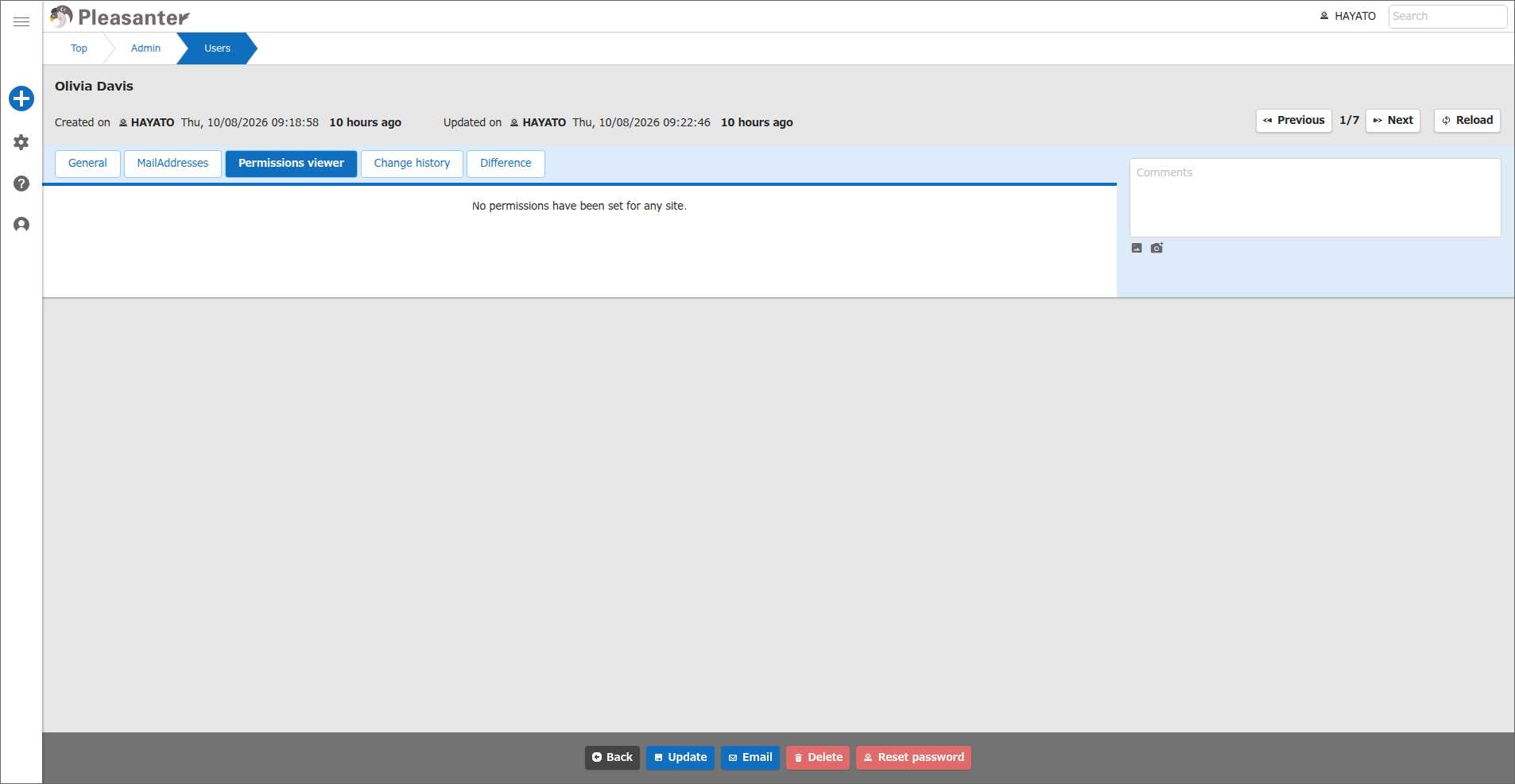 The "Permissions viewer" tab of a user who has no permissions