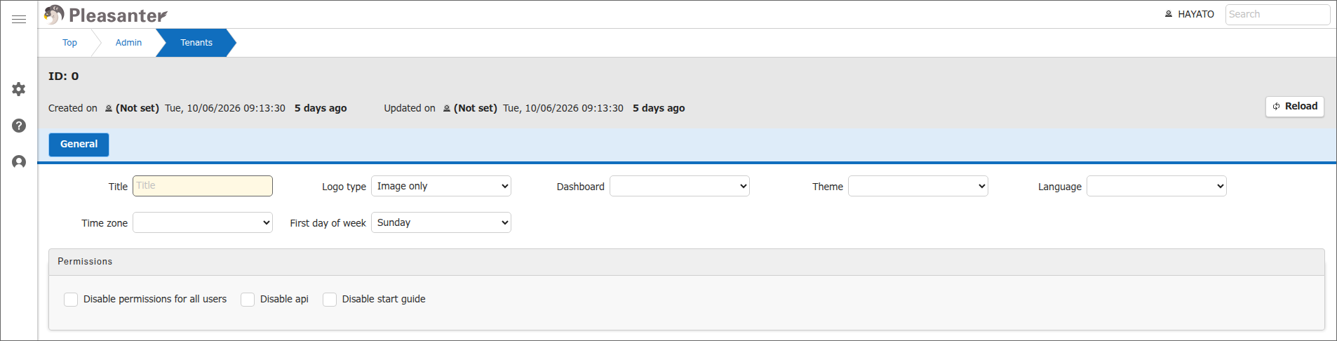 Tenant management screen showing "First day of week"