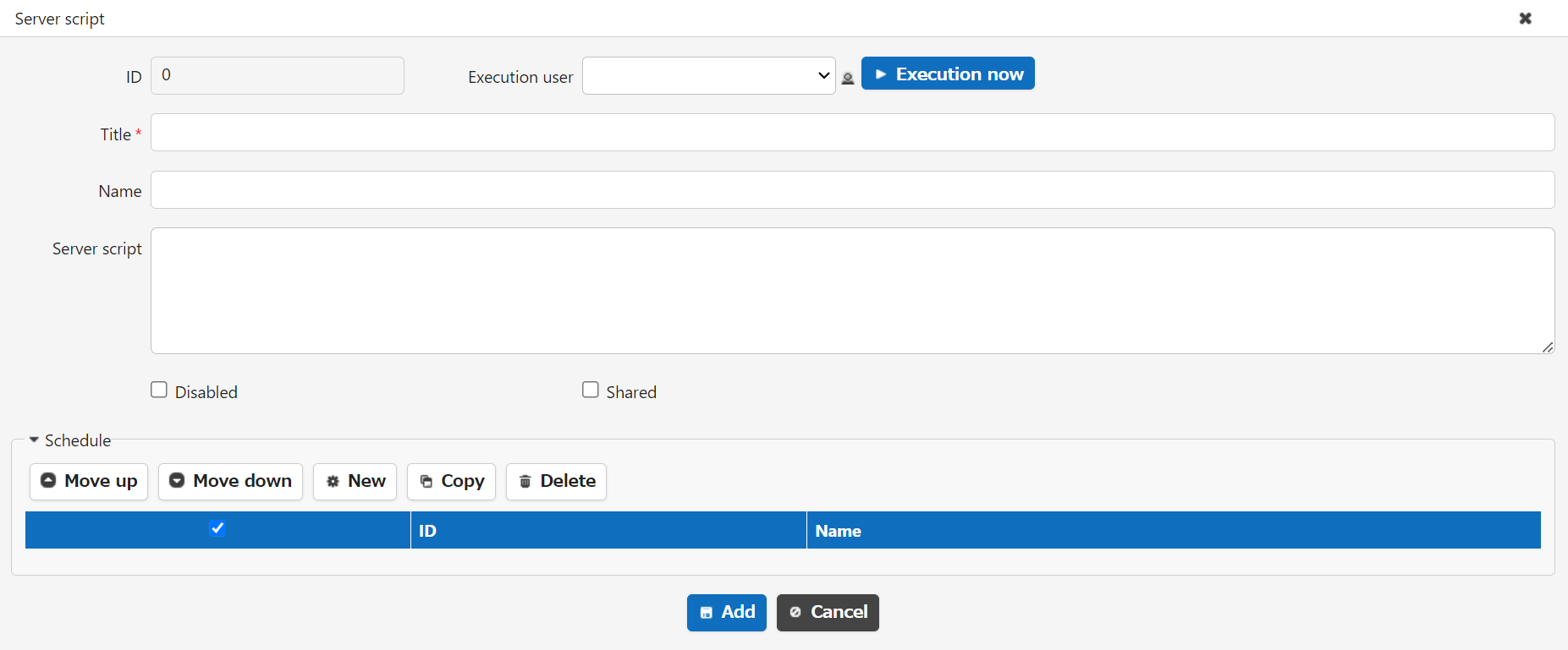 Dialog for the advanced settings of a background server script