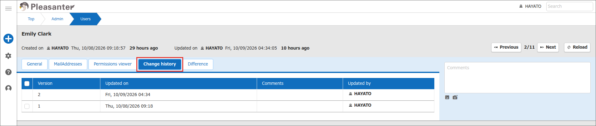"Change history" tab of the "User administration" screen