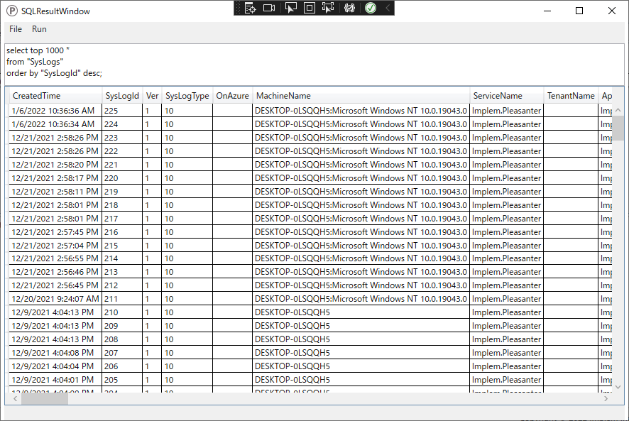 The SQLResult window listing the extracted records